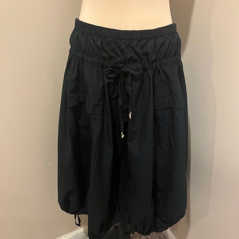 Donna Karan Black 100% Cotton Shark Bite Hem Bubble Skirt, Drawstring, Large